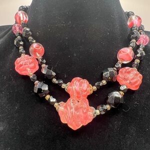 Gorgeous West Germany Pink Black Givre Glass Double Strand Necklace Vintage